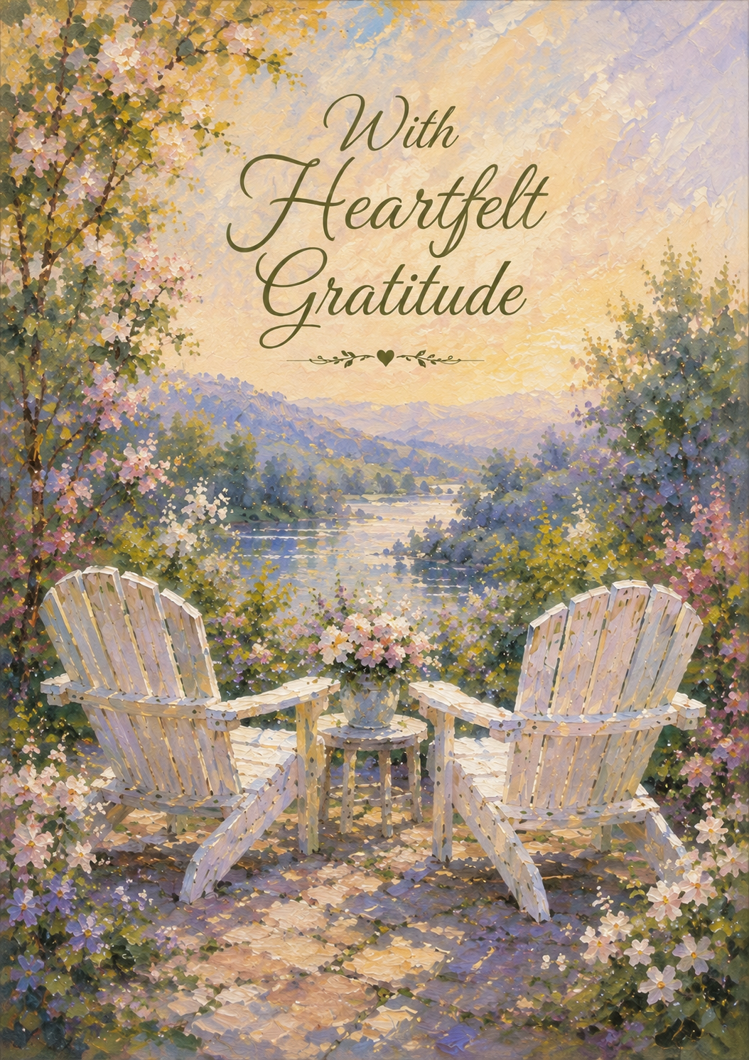 With Heartfelt Gratitude Sympathy Thank You Card – Adirondack Chairs, Lake & Floral Garden