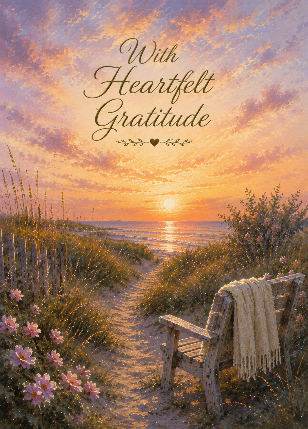 With Heartfelt Gratitude Sympathy Thank You Card – Beach Sunset, Ocean & Peaceful Coastal Scene