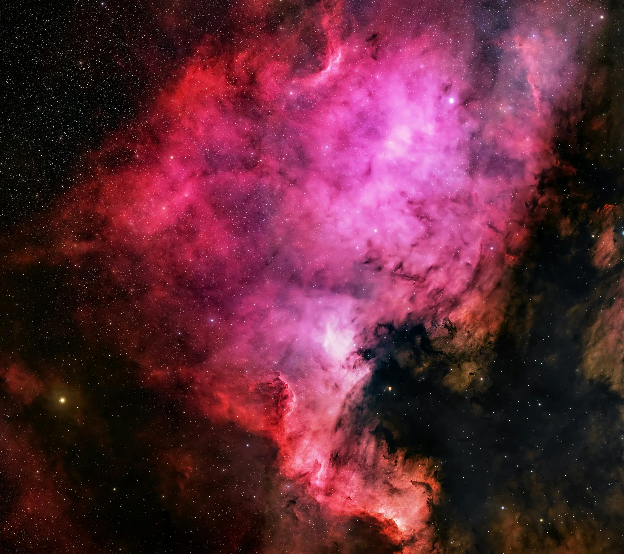 Colorful photo of a nebula in space with pink, red, and purple hues and numerous stars.