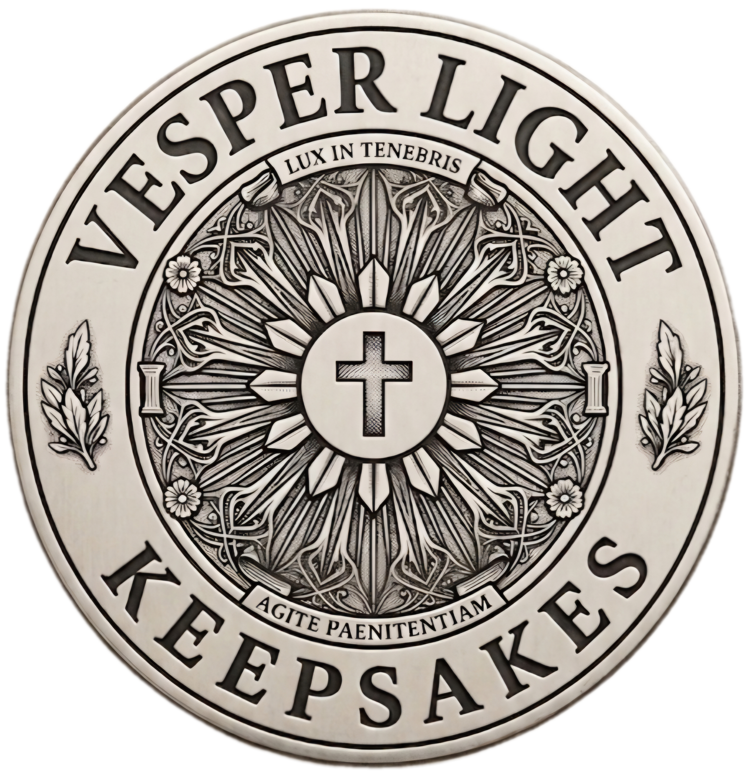 Close-up of a circular emblem with Black and white coloring, featuring a Latin inscription, a central cross, and decorative floral and geometric patterns.
