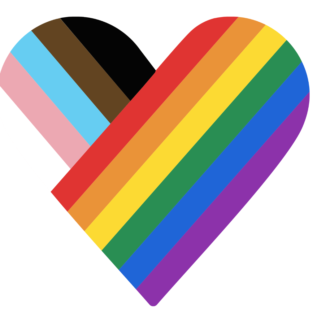 A heart-shaped graphic with rainbow stripes representing LGBTQ+ pride.