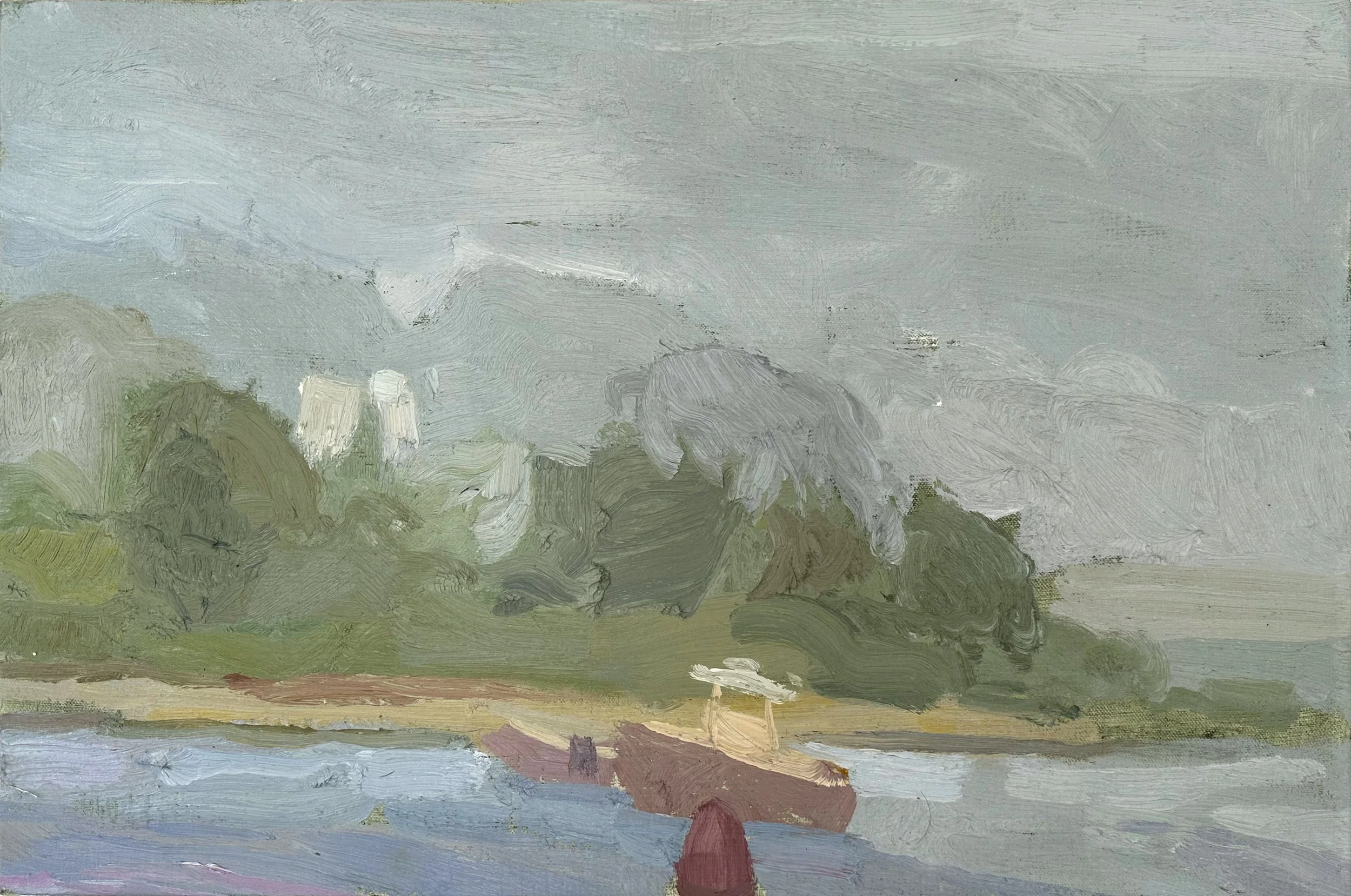 Foggy Dusk at Menemsha, 2025 • Oil on canvas • 16x 24 inches  • $1,950