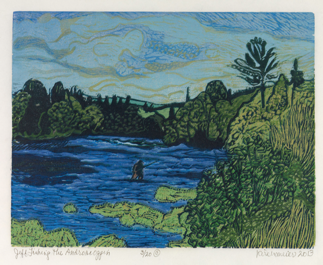 Jeff Fishing the Androscoggin • woodcut •10.5 x 14 inches • $2,200