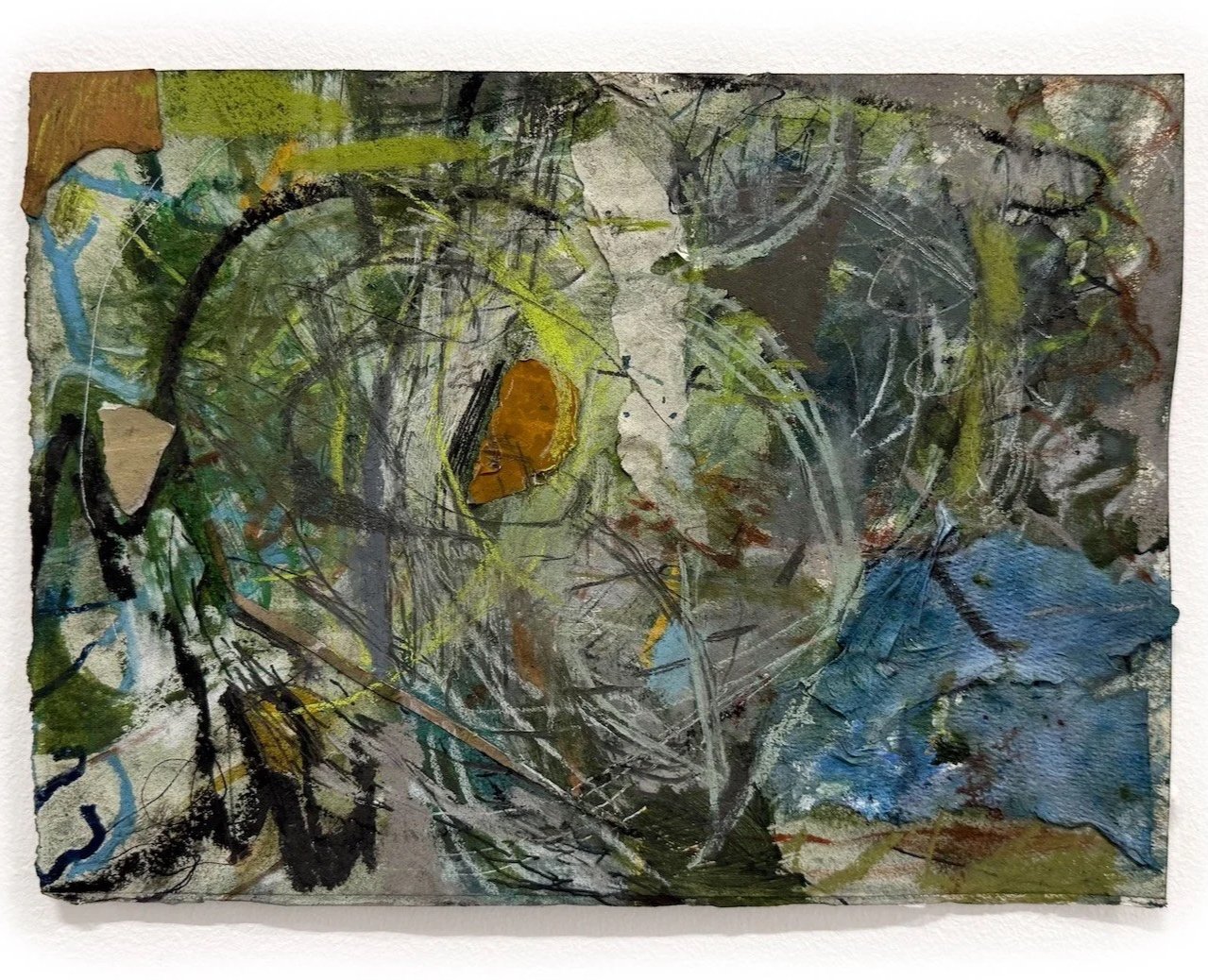 Vortex, 2026 • chalk pastel, conte crayon graphite, charcoal, acrylic paint, and collaged paper on paper • 8.5 x 10.5 inches • $600