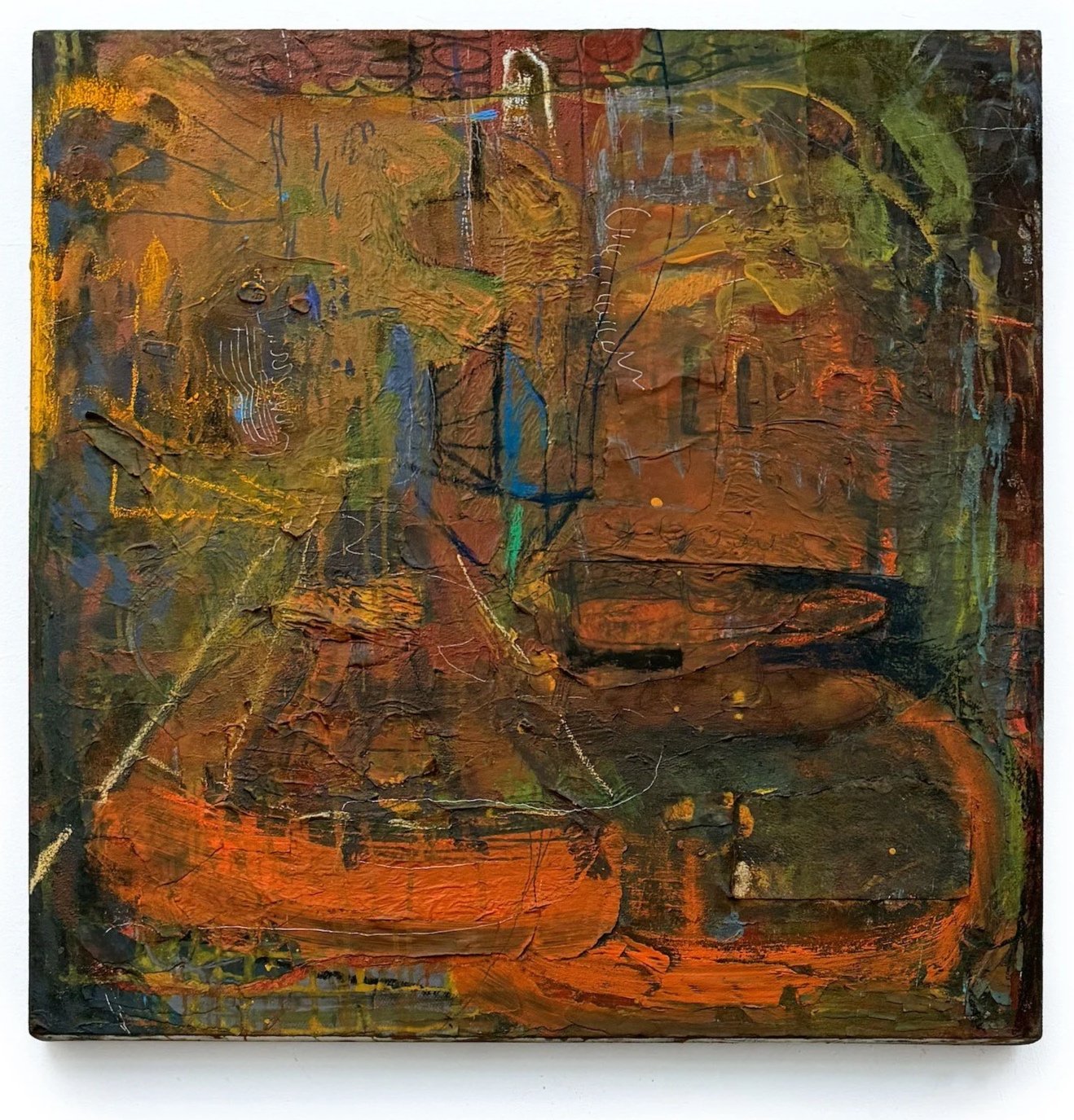 Orange Android, 2026 • acrylic paint, chalk pastel, charcoal, colored charcoal, conte crayon, graphite, marker, gel pen and collage paper on canvas • 30 x 30 inches • $2,500