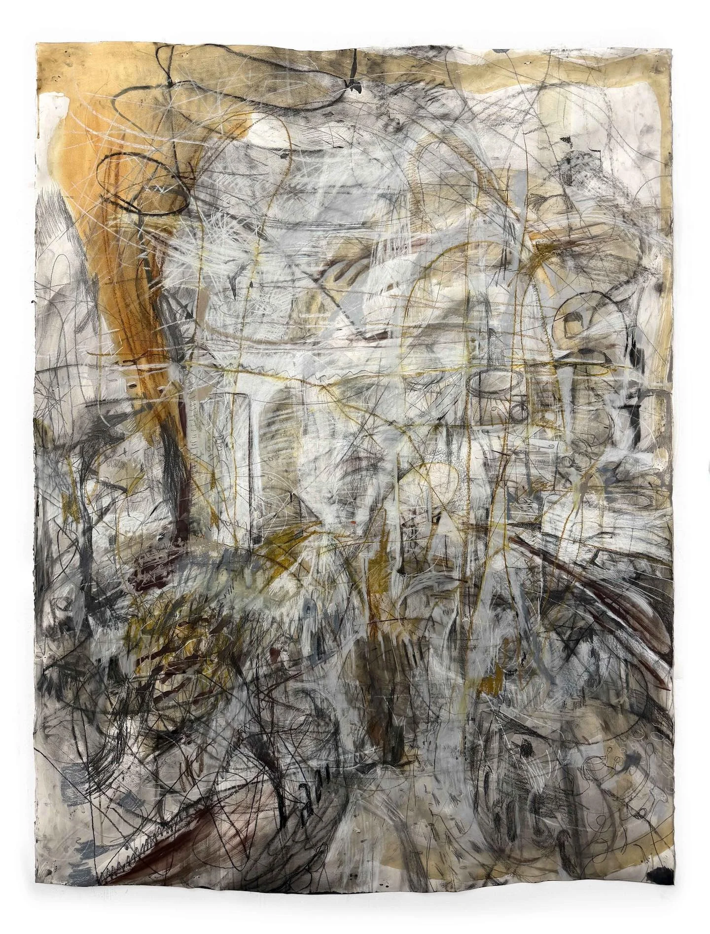 An abstract painting with chaotic lines and smudges in shades of black, white, gray, and hints of yellow and beige.