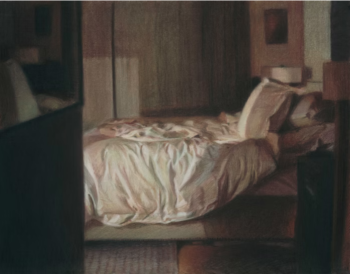 Bedroom at Night  • Conté crayon, colored charcoal, water, and x-acto knife on archival
paper • 18 x 23 inches • $2,650
