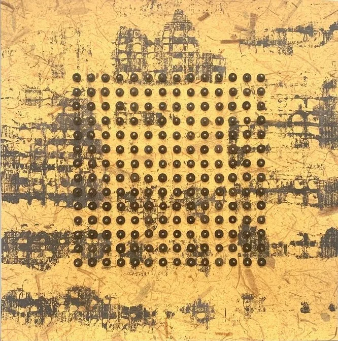 s e c t o r  •  2 • monotype, hand sewn beads • 18 x 18 inches • framed 27 x 27 inches • $2,600
