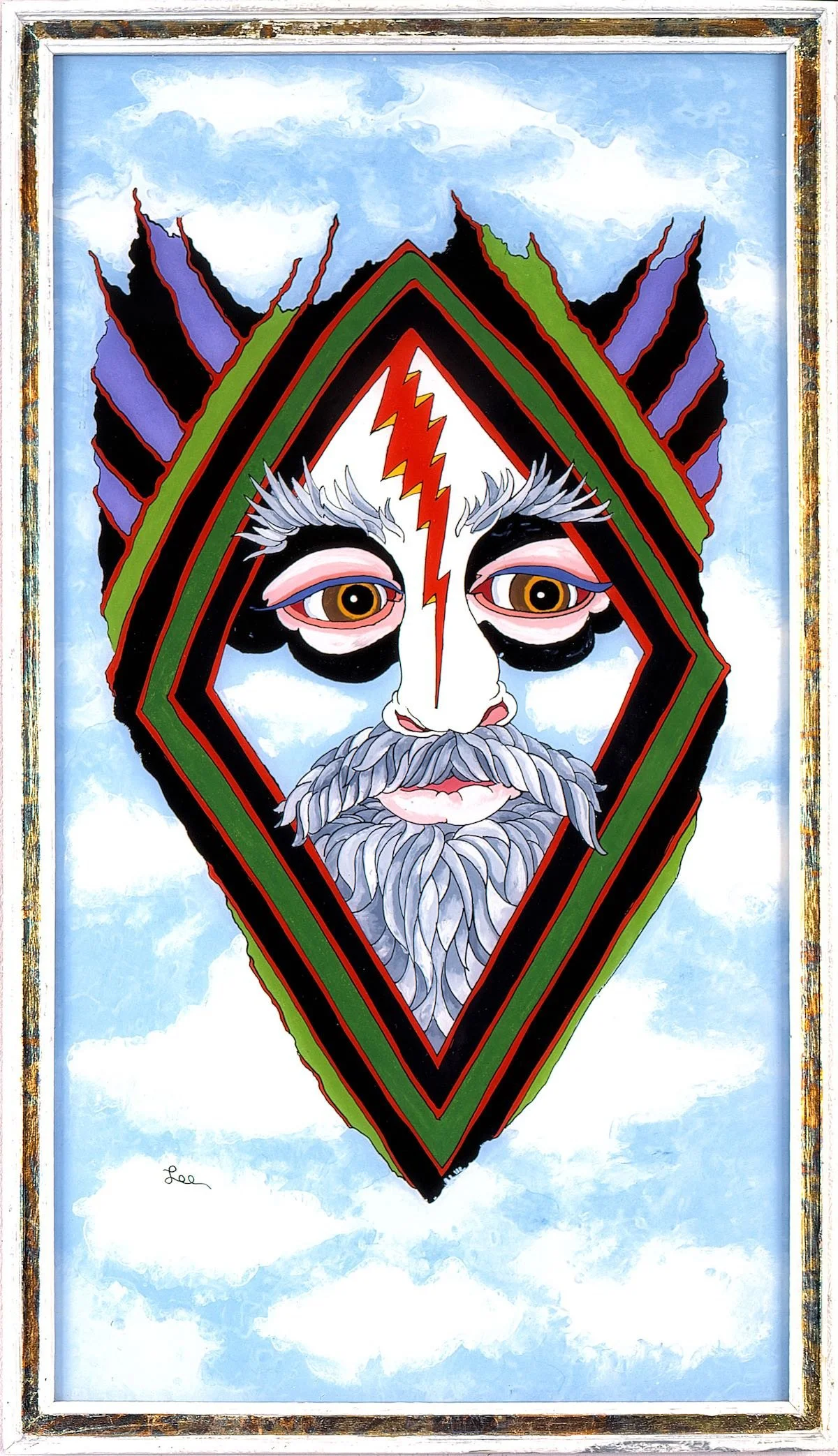 Untitled: Man in the Sky  •  casein and acrylic reverse painted on glass  •  23 x 13 inches • $3,300