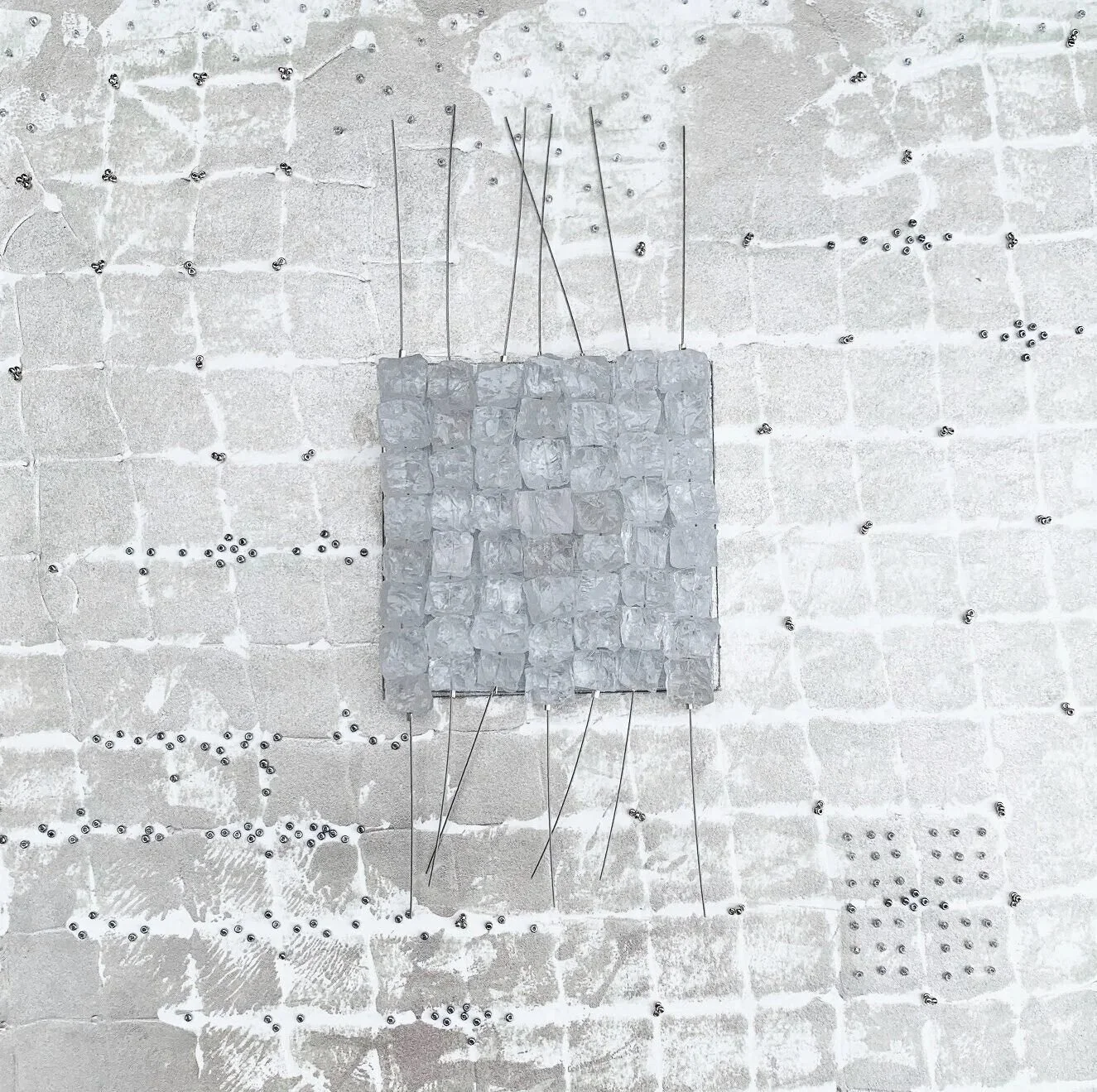 s h i m m e r • 4 • paper,  glass,  paint, thread, wire • image 12” x 12” •  $1200