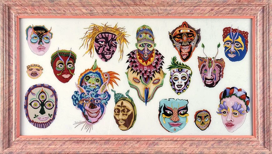 Masks (1983). •  casein and acrylic reverse painted on glass  •  30.5 x 54.5 inches •  $6,000