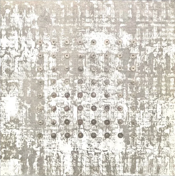 s e c t o r • 9  • monotype, hand sewn beads • 10 x 10 inches  •  framed 11.5 x 11.5 inches  •  $800