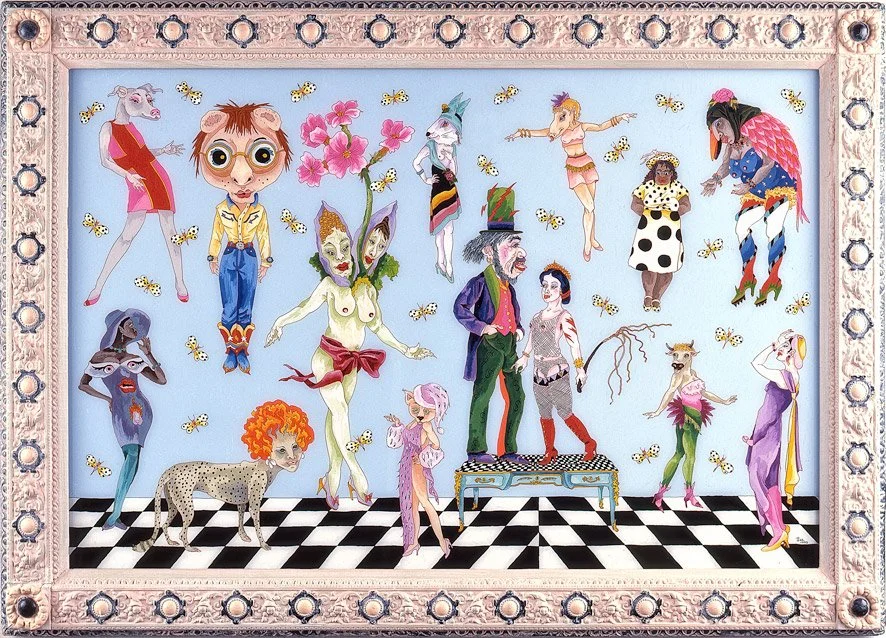 Abe's Ladies (1993)  •  casein and acrylic reverse painted on glass  •  28.5 x 39.5 inches • $9,500