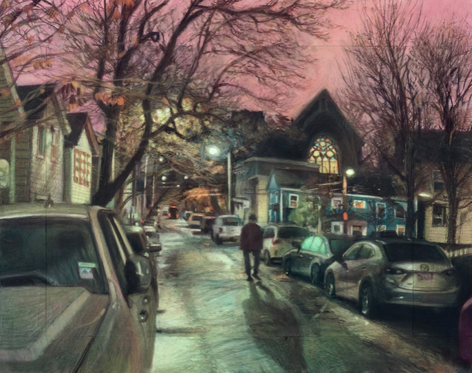 Kendall Square Street • Conté crayon, colored charcoal, water, and x-acto knife on archival
paper • 24 ½  x 31 inches •  $4,250
