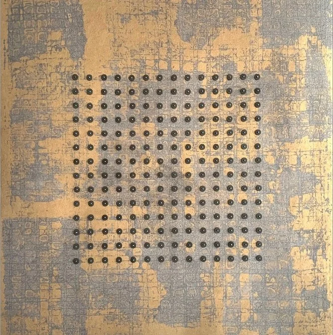 s e c t o r  •  5 • monotype on luminous gold paper • hand sewn beads • 18 x 18 inches • framed 27 x 27 inches • $2,600