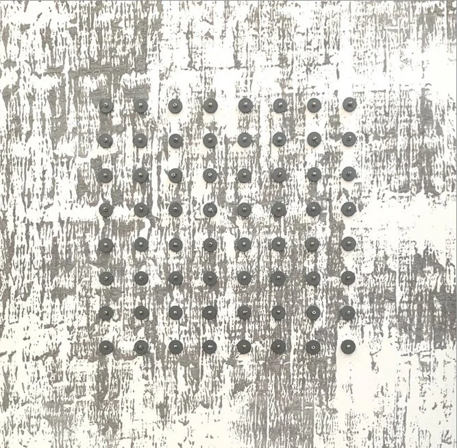 s e c t o r  •  6  • monotype, hand sewn beads • 10 x 10 inches  •  framed 11.5 x 11.5 inches  •  $800