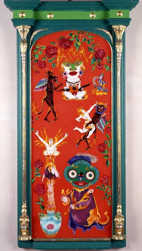 Fire in the Rose Bush (1987)  •  casein and acrylic reverse painted on glass  •  30.5 x 58.5 inches • $12,500