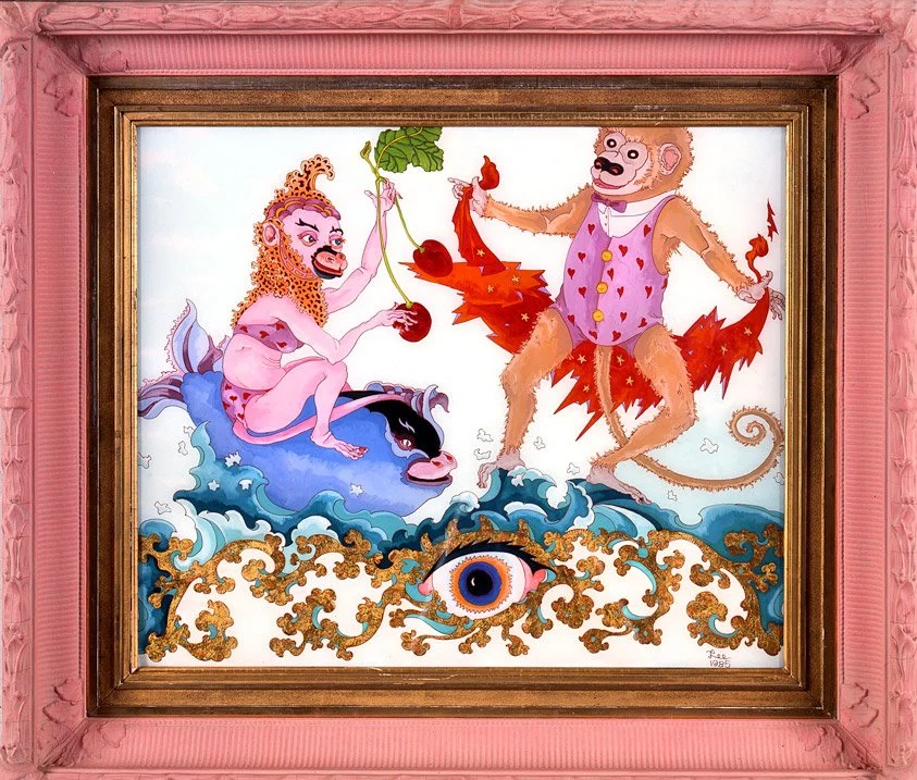 Adam and Eve and Pinch Me (God's Eye) (1985)  •  casein and acrylic reverse painted on glass  •  27 x 24 inches • $5,400