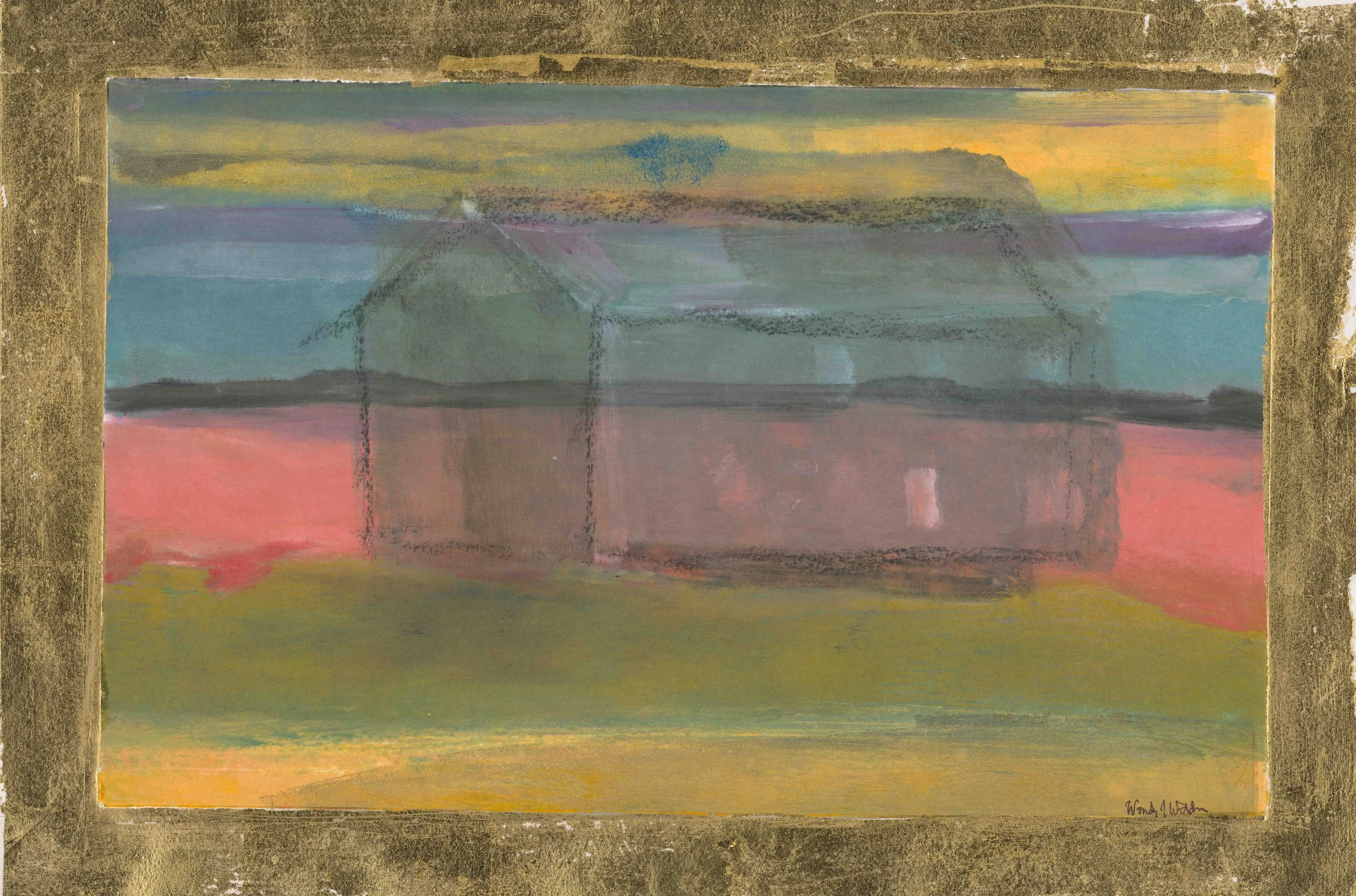 Meeting House with Gold Leaf • mixed media • image 11.75 x 17.25 inches, frame 18x 23.5 • $2,800