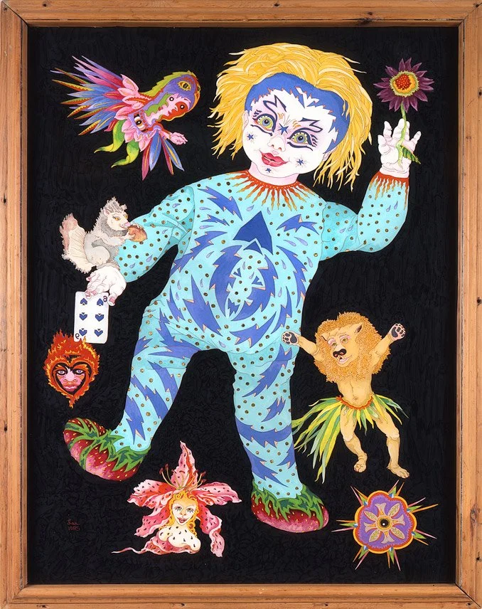 Mrs Beasley Goes Hawaiian (1985)  •  casein and acrylic reverse painted on glass  •  43 x 32.25 inches  • $7,000