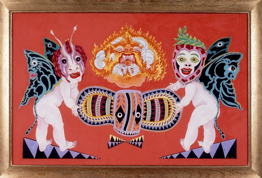 Karmic Heraldry (1986)  •  casein and acrylic reverse painted on glass  •  25.5 x 37 inches • $3,800