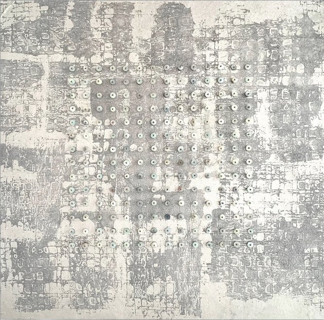 s e c t o r • 3 • monotype on luminous silver paper • hand sewn beads • 18 x 18 inches • framed 27 x 27 inches • $2,600