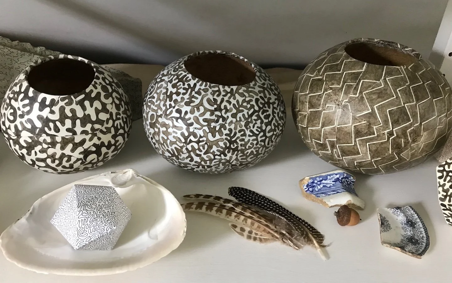 Ensemble of Gourd Vessels and found objects • Request price for group of three Gourd Vessels