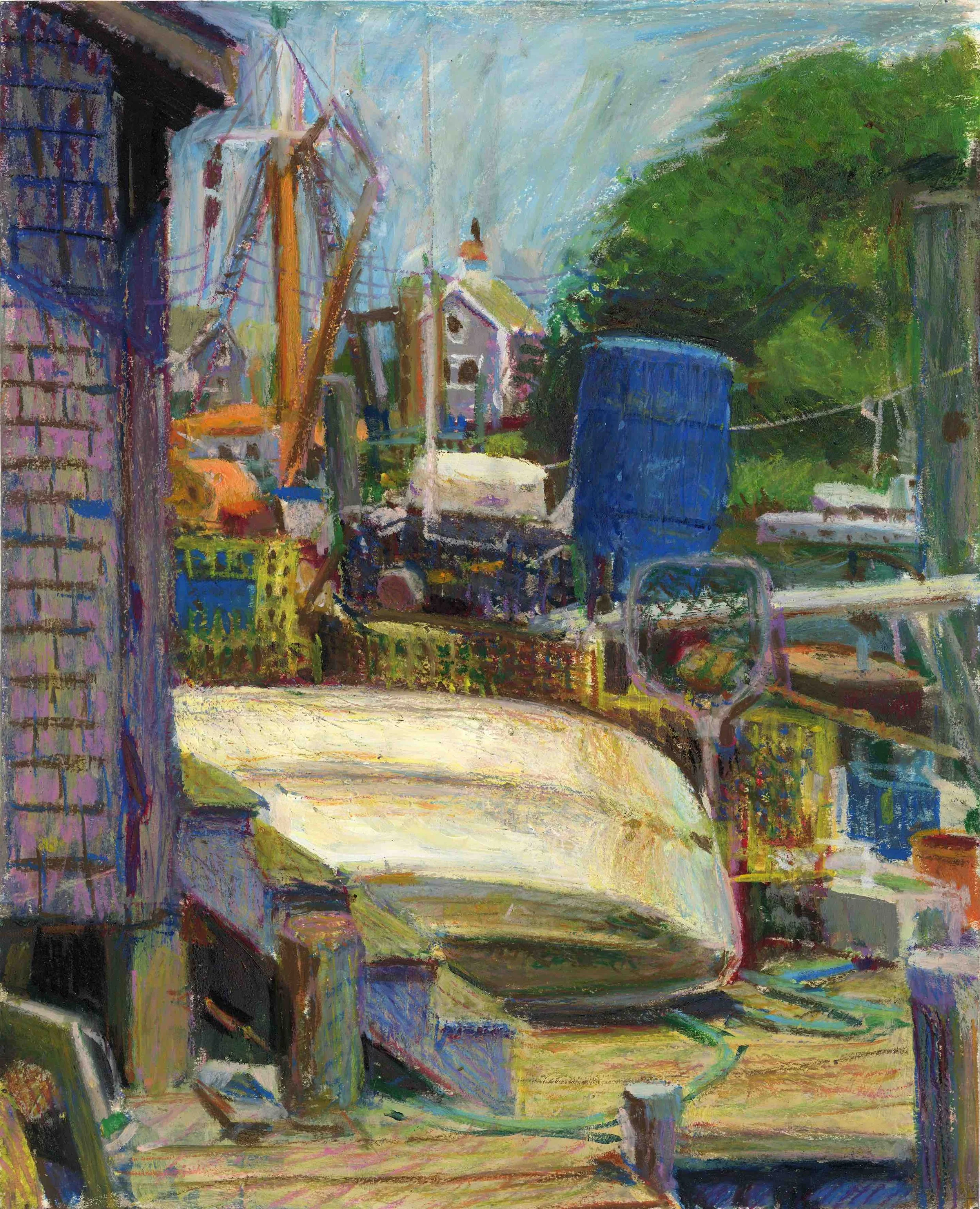 Menemsha Dock View • Conte crayon, oil pastel, and acrylic paint on paper • 14 x 17 inches • $950