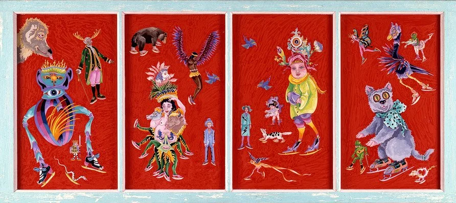 Town Skate (1983)  •  casein and acrylic reverse painted on glass  •  25 x 59 inches • $7,500