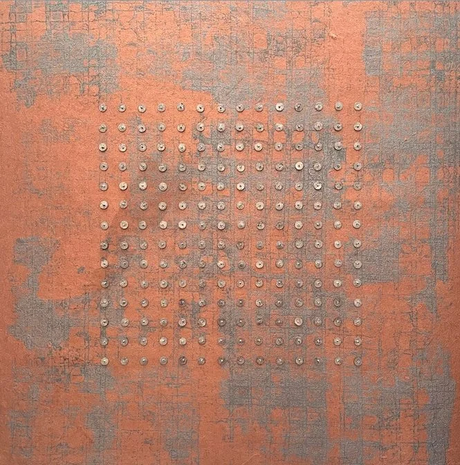 s e c t o r  •  4 • monotype on luminous copper paper • hand sewn beads • 18 x 18 inches • framed 27 x 27 inches • $2,600