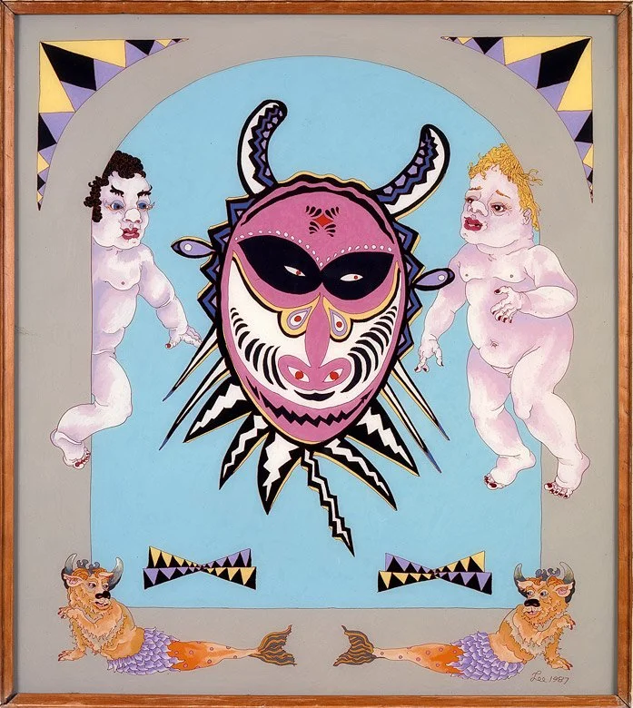 Untitled: Pink Mask & Two Cherubs (1987)  •  casein and acrylic reverse painted on glass  • $3,800