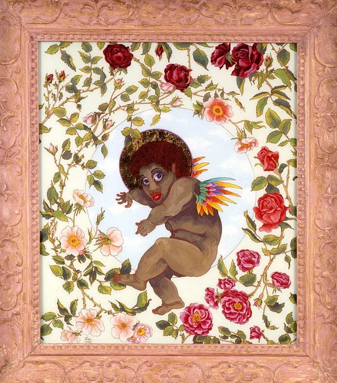 Untitled: Black Angel Surrounded by Roses (1986)  •  casein and acrylic reverse painted on glass  •  30.5 x 27 inches • $4500