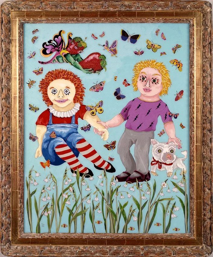 Raggedy Ann and Andy (1983)  •  casein and acrylic reverse painted on glass  •  43 x 35.5 inches •  $18,000