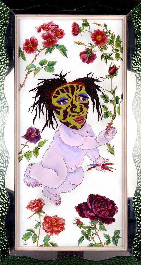 Rosa de Roma (1986) •  casein and acrylic reverse painted on glass  •  34 x 18.5 inches • $4,200