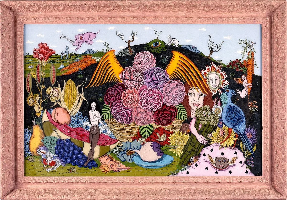 Feast of Roses  •  casein and acrylic reverse painted on glass  •  30 x 44 inches • $19,500