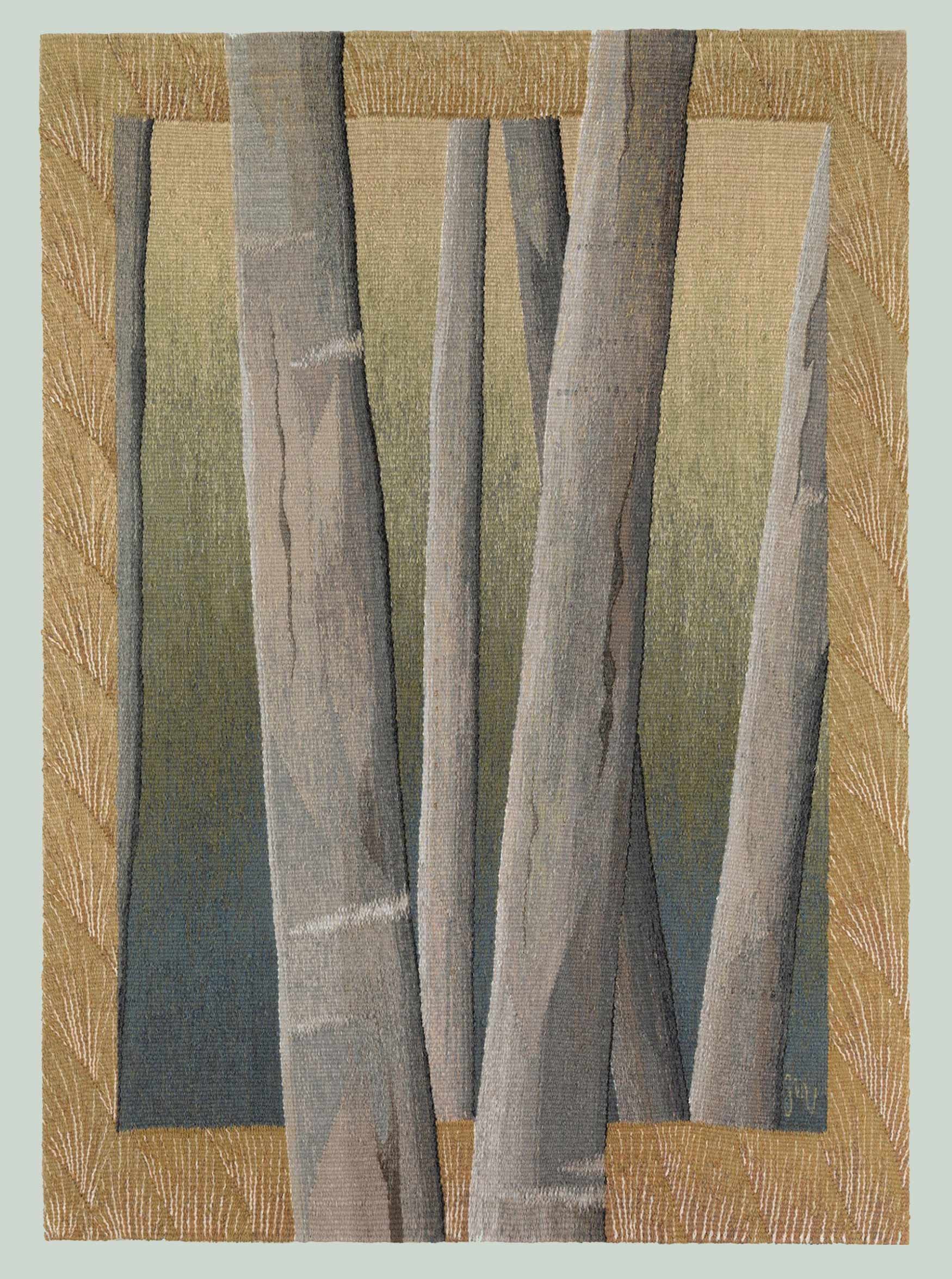 Tree Trunks With Orange Border • Tapestry: wool and silk on linen  • 48 x 34 inches  • $10,200