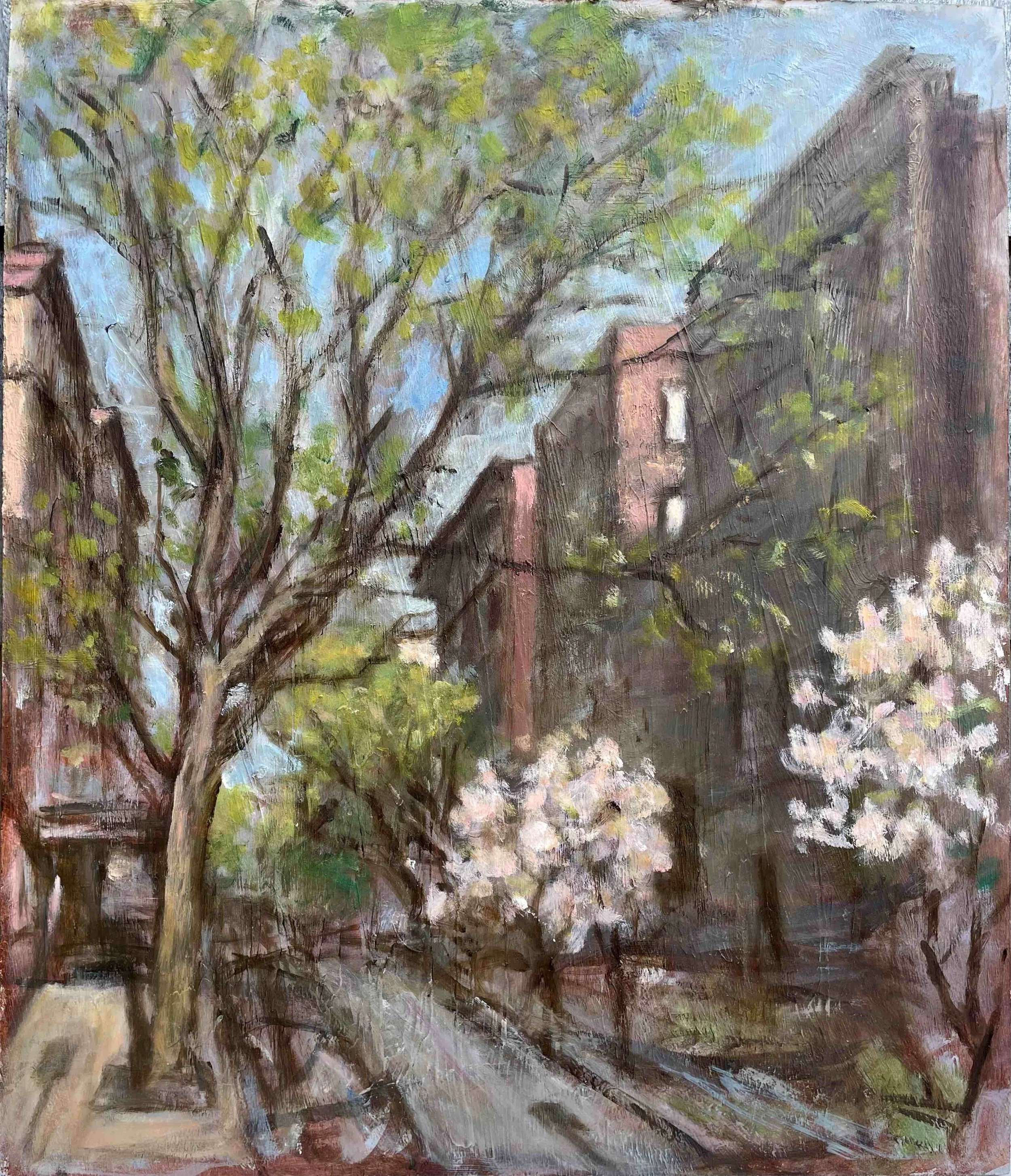 Blooming 180th Street • oil on masonite • 14 x 12 inches • Spring 2025 • $750