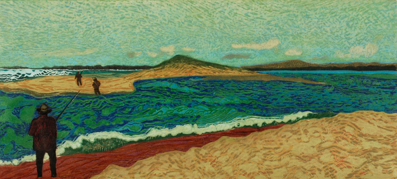 Fishing the Cut (Day) • woodcut •  11.5 x 20  inches • $2,900