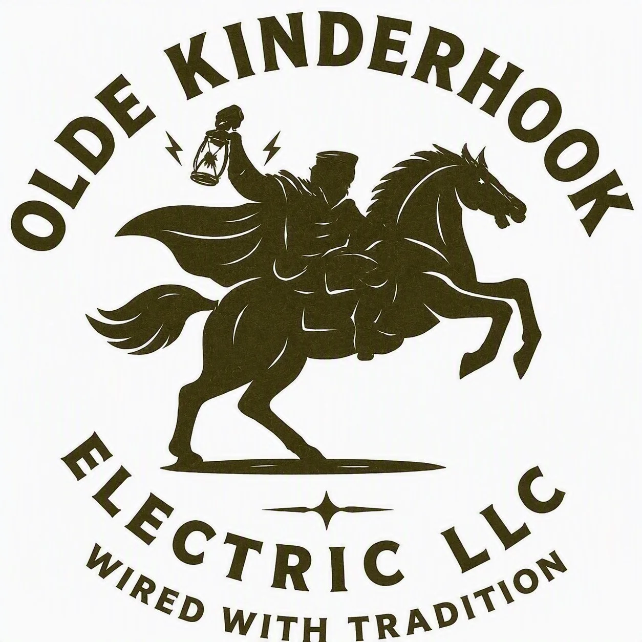 Logo of Oldde Kinderhook Electric LLC featuring a silhouette of a person on horseback holding a lantern, with the company's name and slogan around the image.