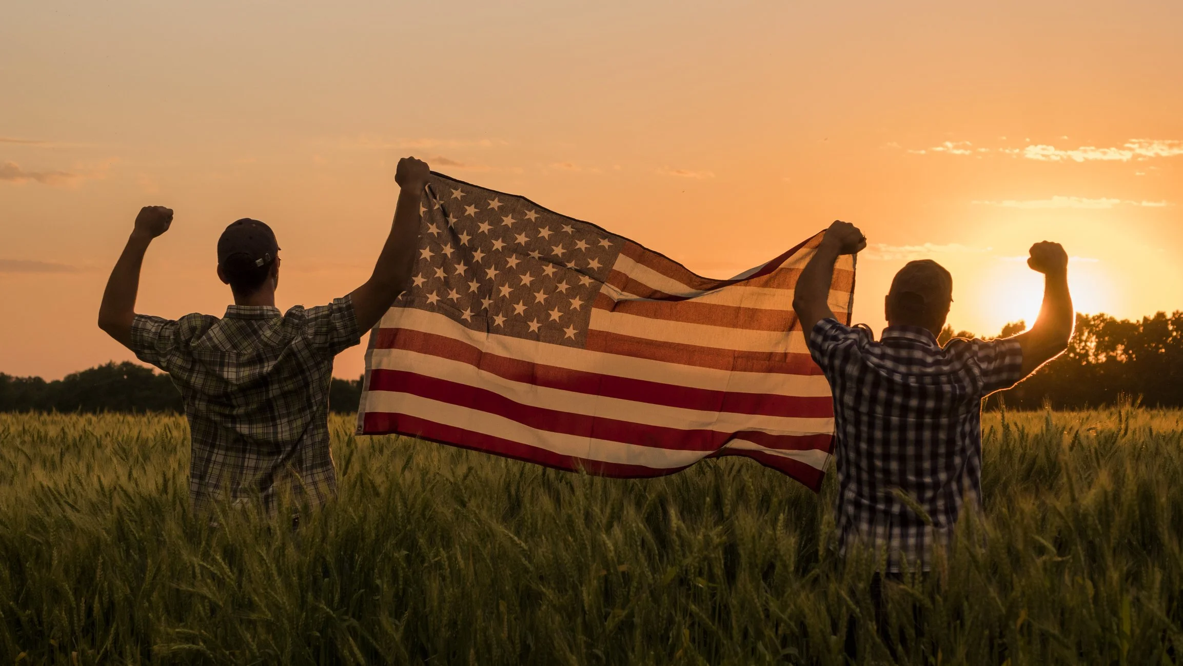 Two men in a field holding an American flag at sunset with their fists raised.
