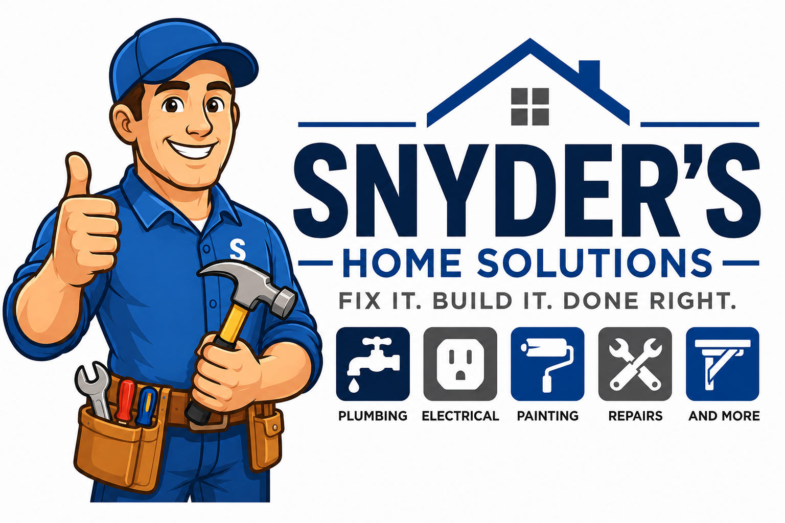 Snyder's Home Solutions logo featuring a smiling handyman in a blue uniform and cap, giving a thumbs up, holding a hammer, with icons representing plumbing, electrical, painting, repairs, and more.