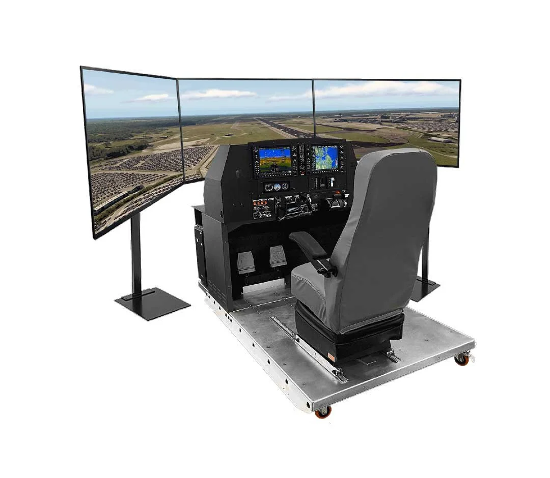 Flight simulator cockpit with three large monitors displaying an aerial view, a pilot's seat, and controls for flight training.