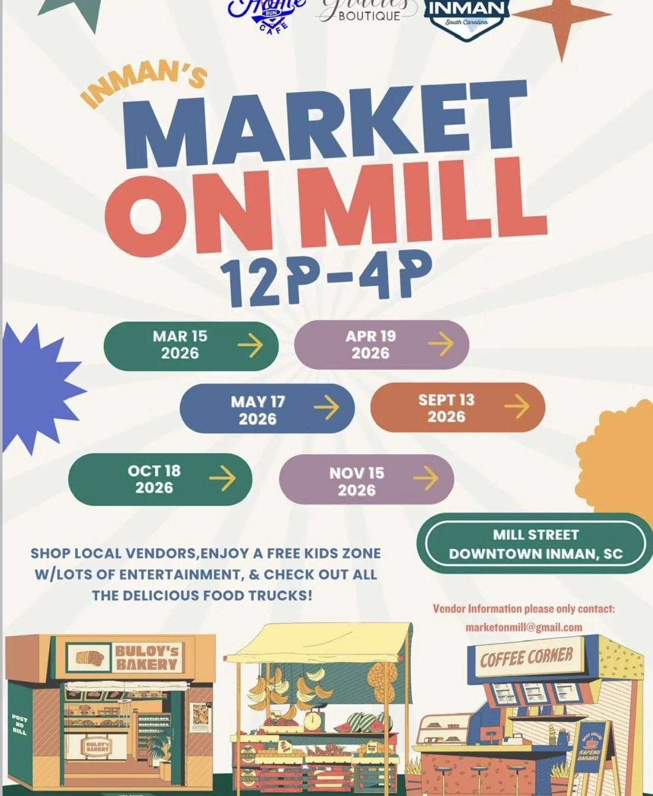 Flyer for Inman's Market on Mill, downtown Inman, South Carolina, with dates from March to November 2026, inviting community members to shop local vendors and enjoy entertainment, with illustrations of a bakery, a produce stand, and a food truck.
