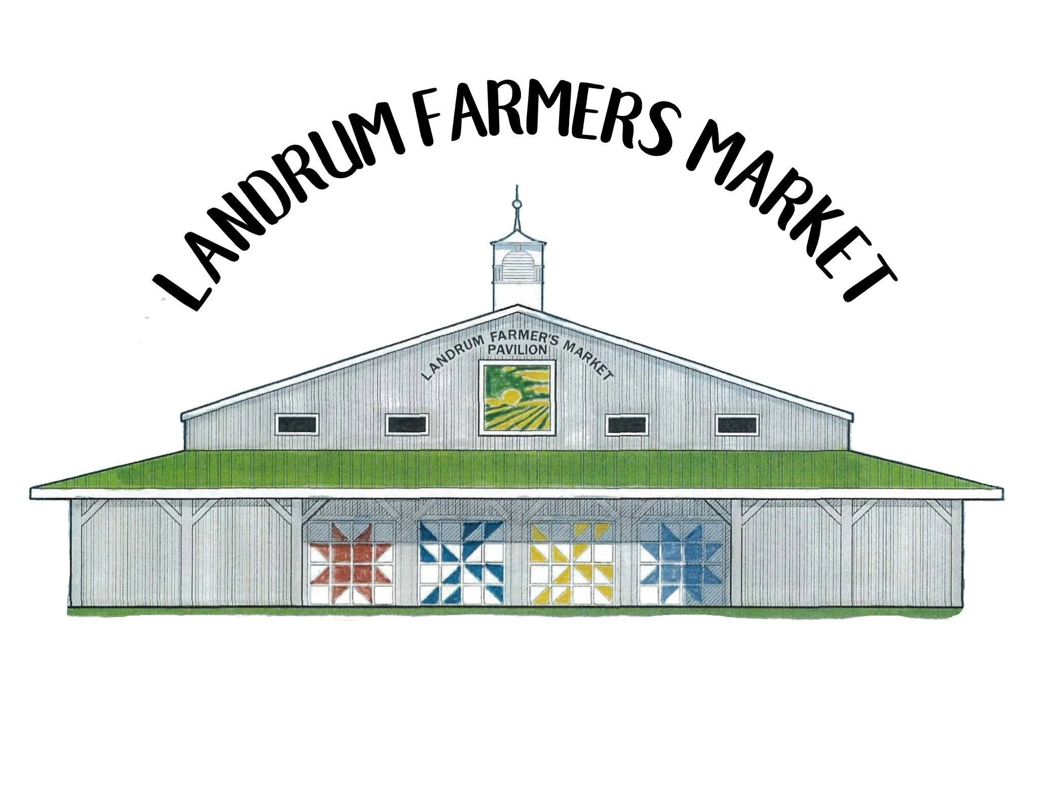 Illustration of a large barn with colorful quilt patterns on the front and a small covered porch, set on a grassy field. Landrum Farmers Market, SC.