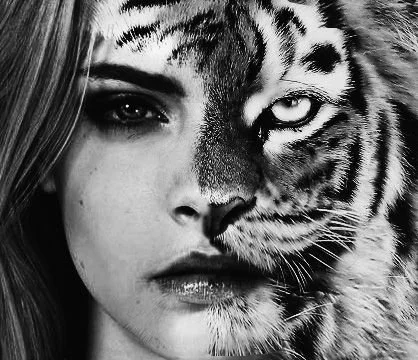 A woman with partially covered face next to a tiger, split face showing human and tiger features.