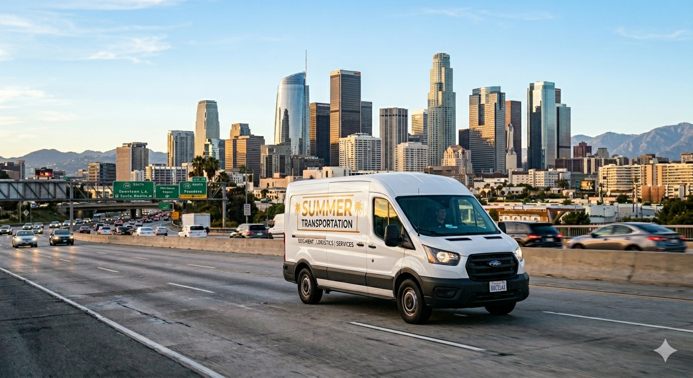 An image of a delivery van driving in Downtown Los Angeles.