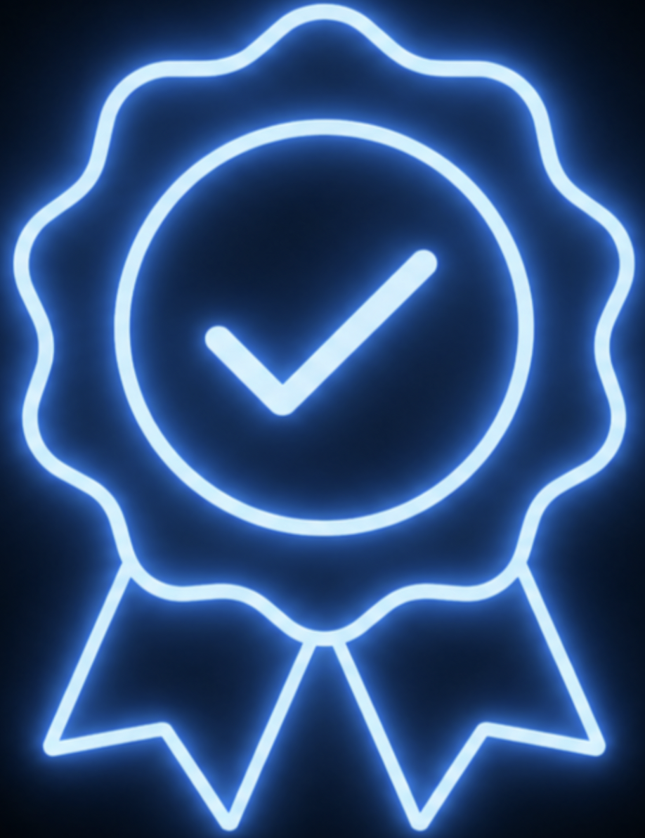 Neon blue illuminated award ribbon with a checkmark inside a circle at the center.