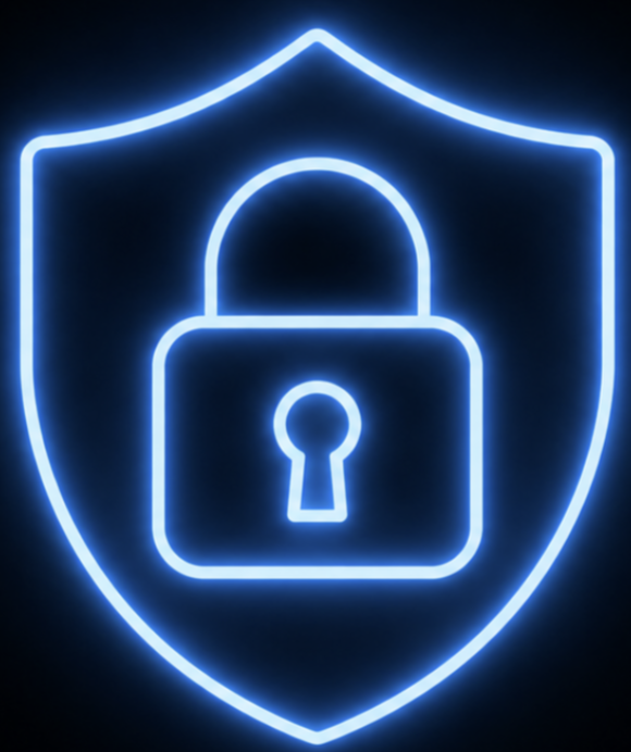 Blue neon sign of a shield with a padlock in the center, representing security or protection.