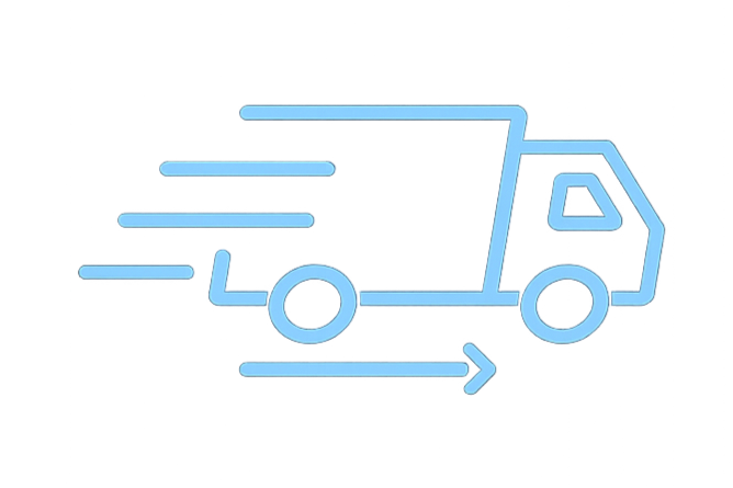 Neon illustration of a delivery truck with motion lines and an arrow, symbolizing fast delivery or shipping.