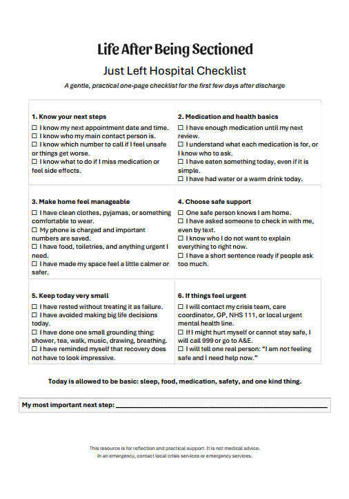 Just Left Hospital Checklist by Life After Being Sectioned